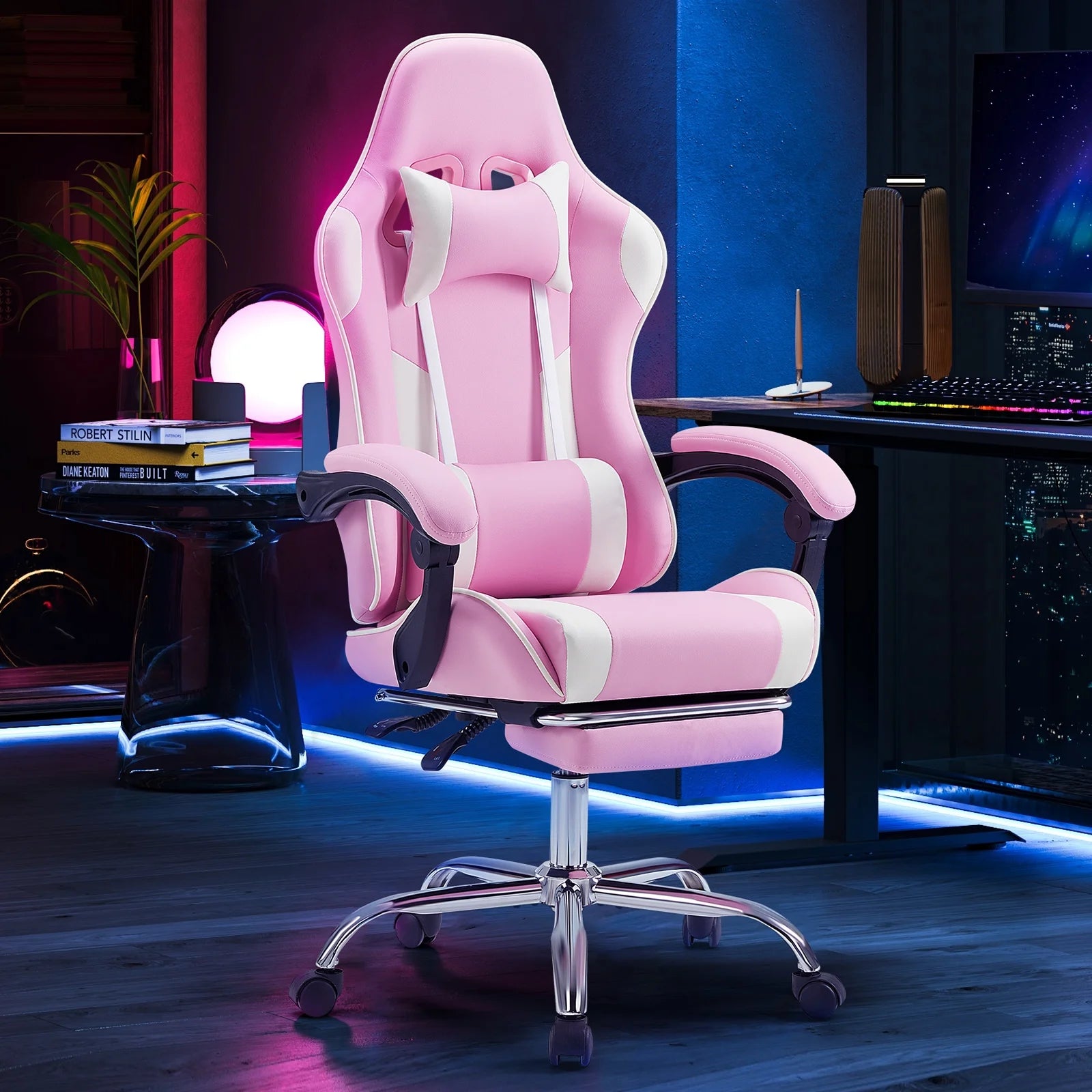 CONCETTA Gaming Chair with Footrest and Lumbar Support, Ergonomic Home Office Chair, Pink/White