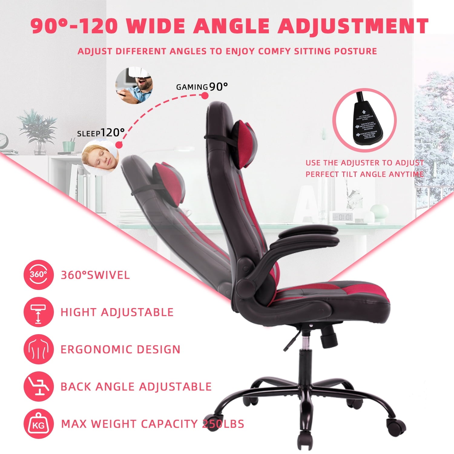 CL.HPAHKL High Back Gaming Chair, Ergonomic Racing Office Style Gaming Chair, 360° Rotating Computer Chair with Headrest, Suitable for Adult Unisex Office Chair (RED)