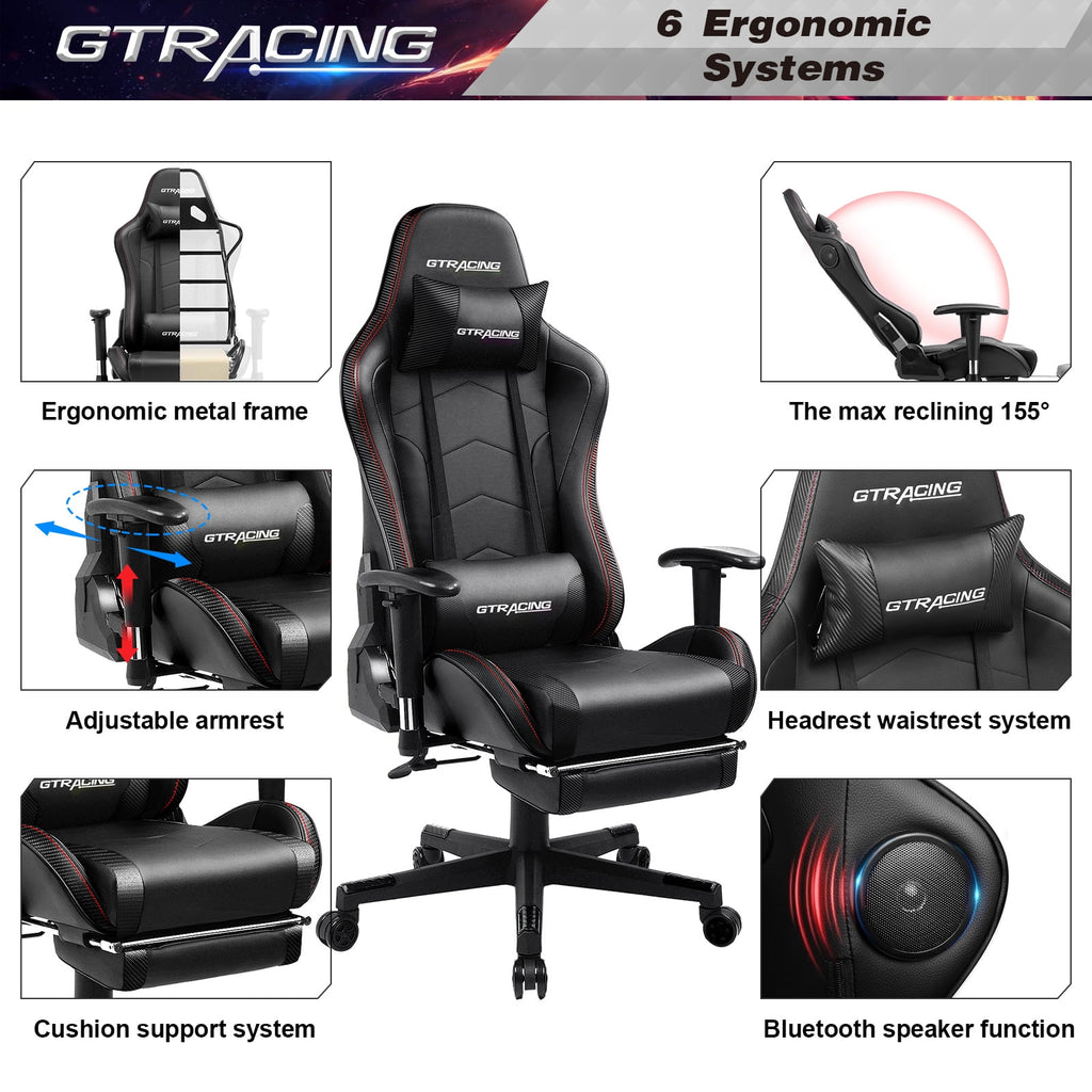 LUCKLIFE Gaming Chair with Speakers Bluetooth and Footrest in Home Office Chair, Black