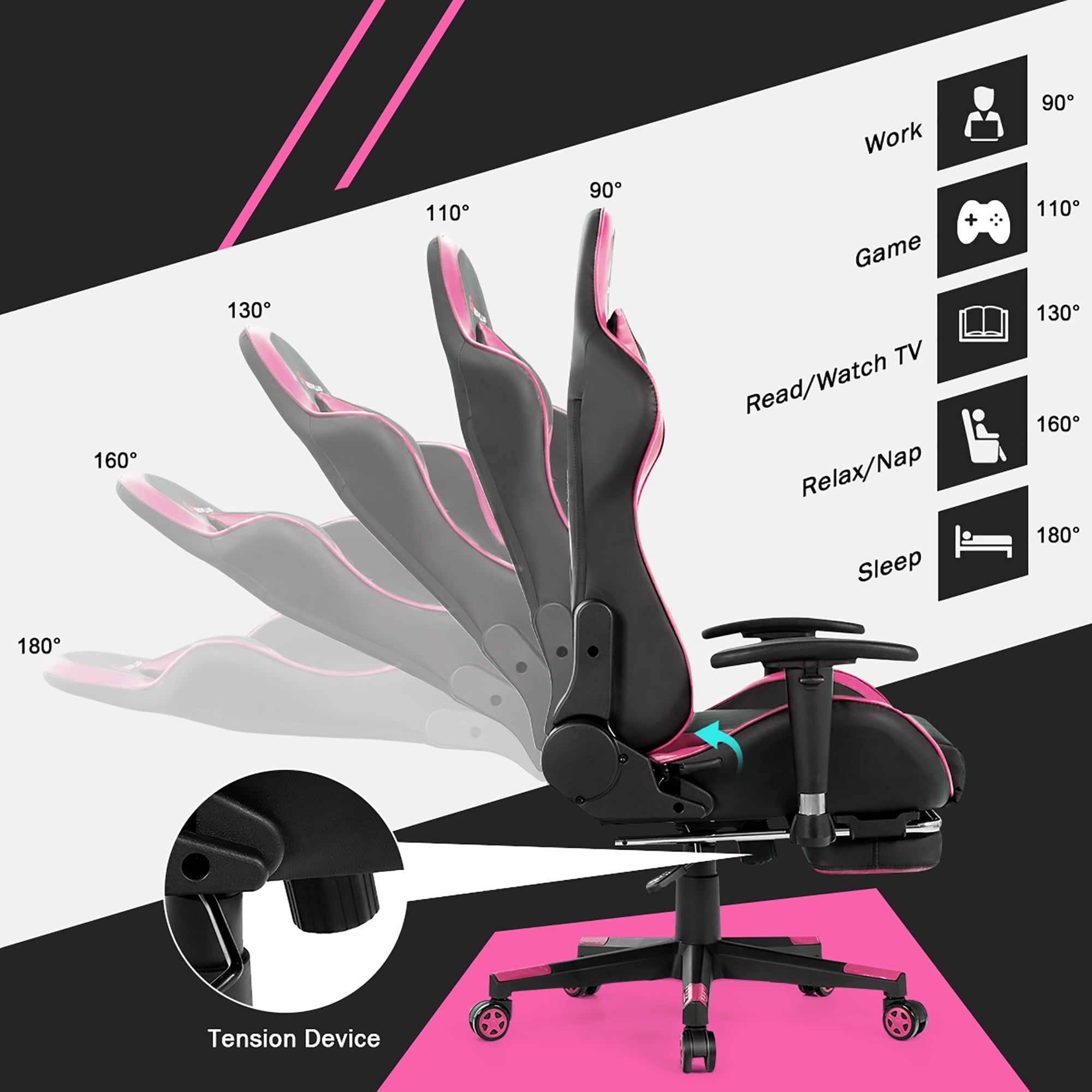 Goplus Office Massage Gaming Chair Reclining Swivel Racing with Footrest  Pink