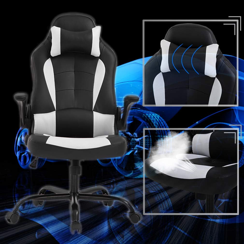 BestOffice PU Leather Gaming Office Chair , Massage & Lumbar Support Desk Chair for Adults, White