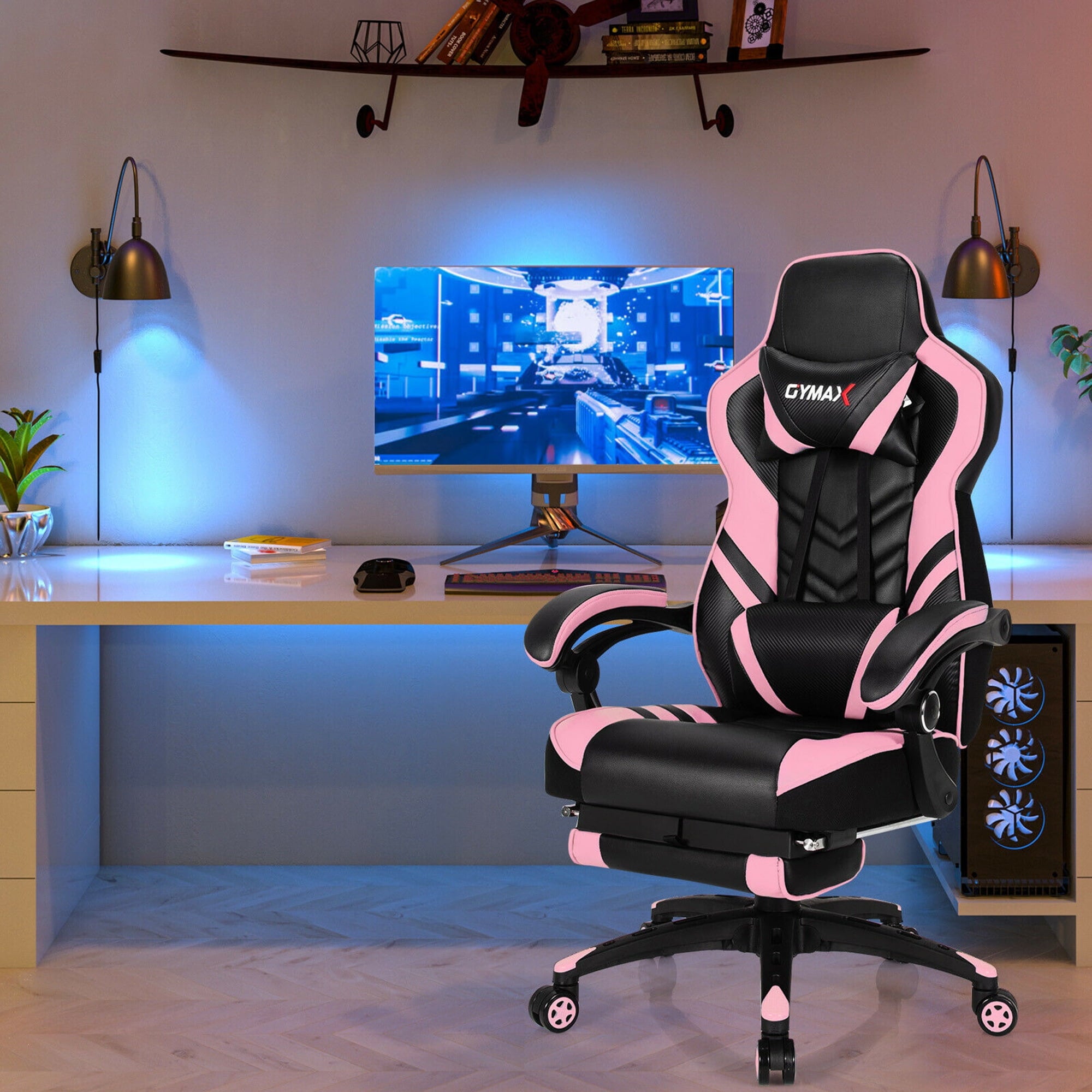 Gymax Office Computer Desk Chair Gaming Chair Adjustable Swivel w/Footrest Pink