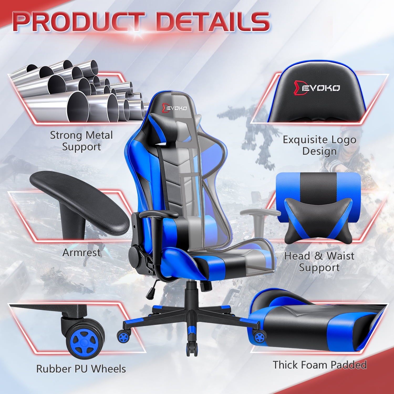 Devoko Gaming Chair High Back Office Chair Racing Style Adjustable Height PC Computer Chair PU Leather, Blue
