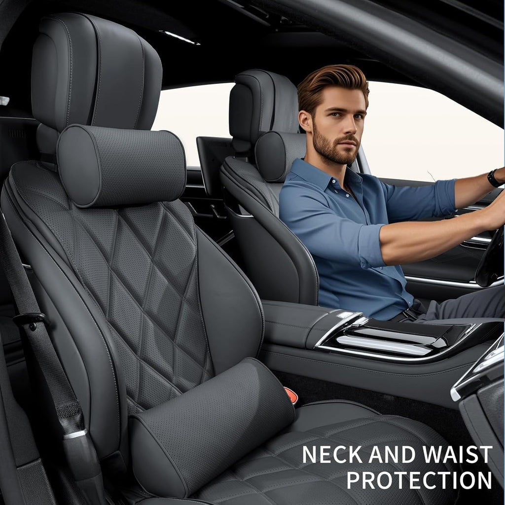 Lumbar Support Pillow for Car Seat and Office Chair, Gaming Chair, Ergonomic Memory Foam Back Cushion Lower Back Pain Relief, Luxury Leather Back Support Pillow, Gray