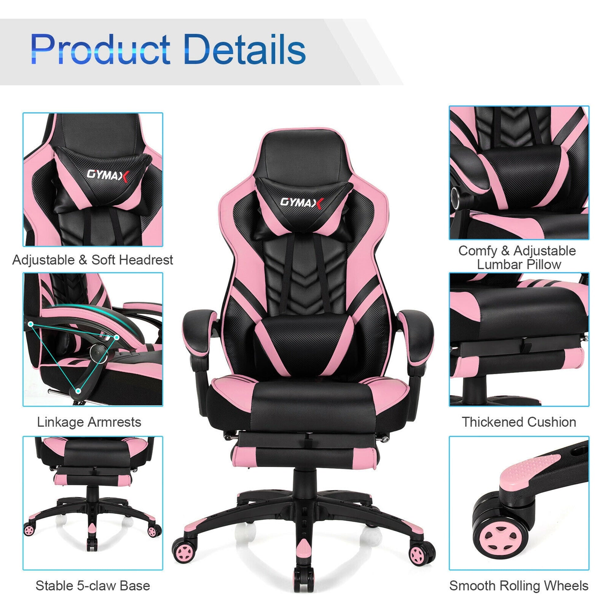 Gymax Office Computer Desk Chair Gaming Chair Adjustable Swivel w/Footrest Pink