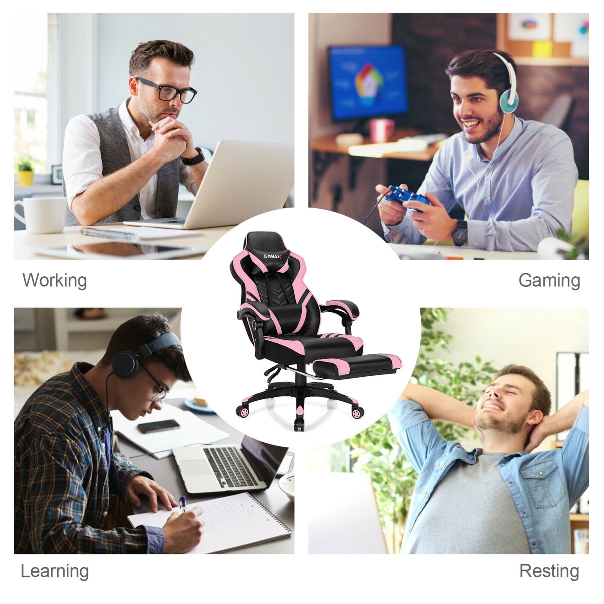Gymax Office Computer Desk Chair Gaming Chair Adjustable Swivel w/Footrest Pink