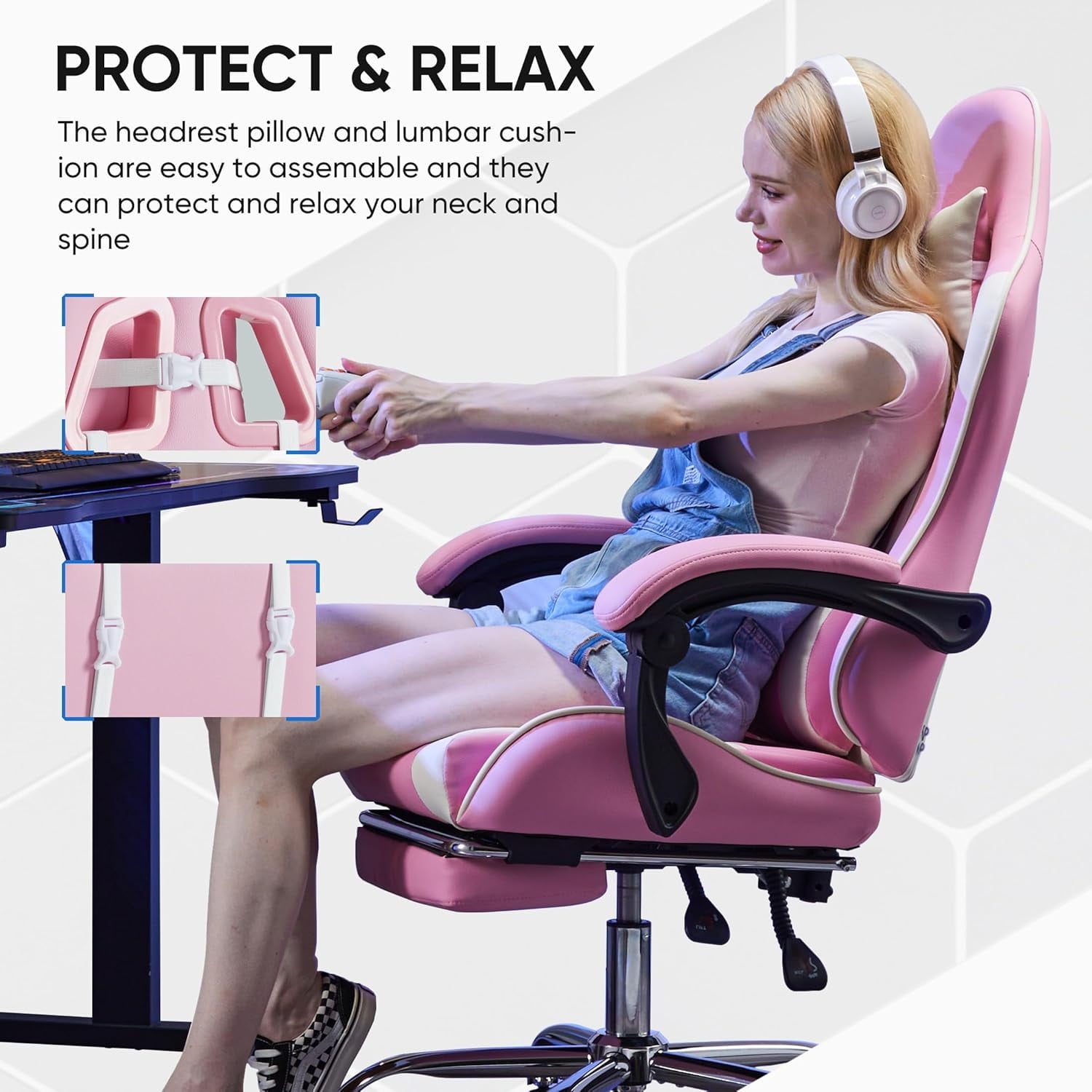 CONCETTA Gaming Chair with Footrest and Lumbar Support, Ergonomic Home Office Chair, Pink/White