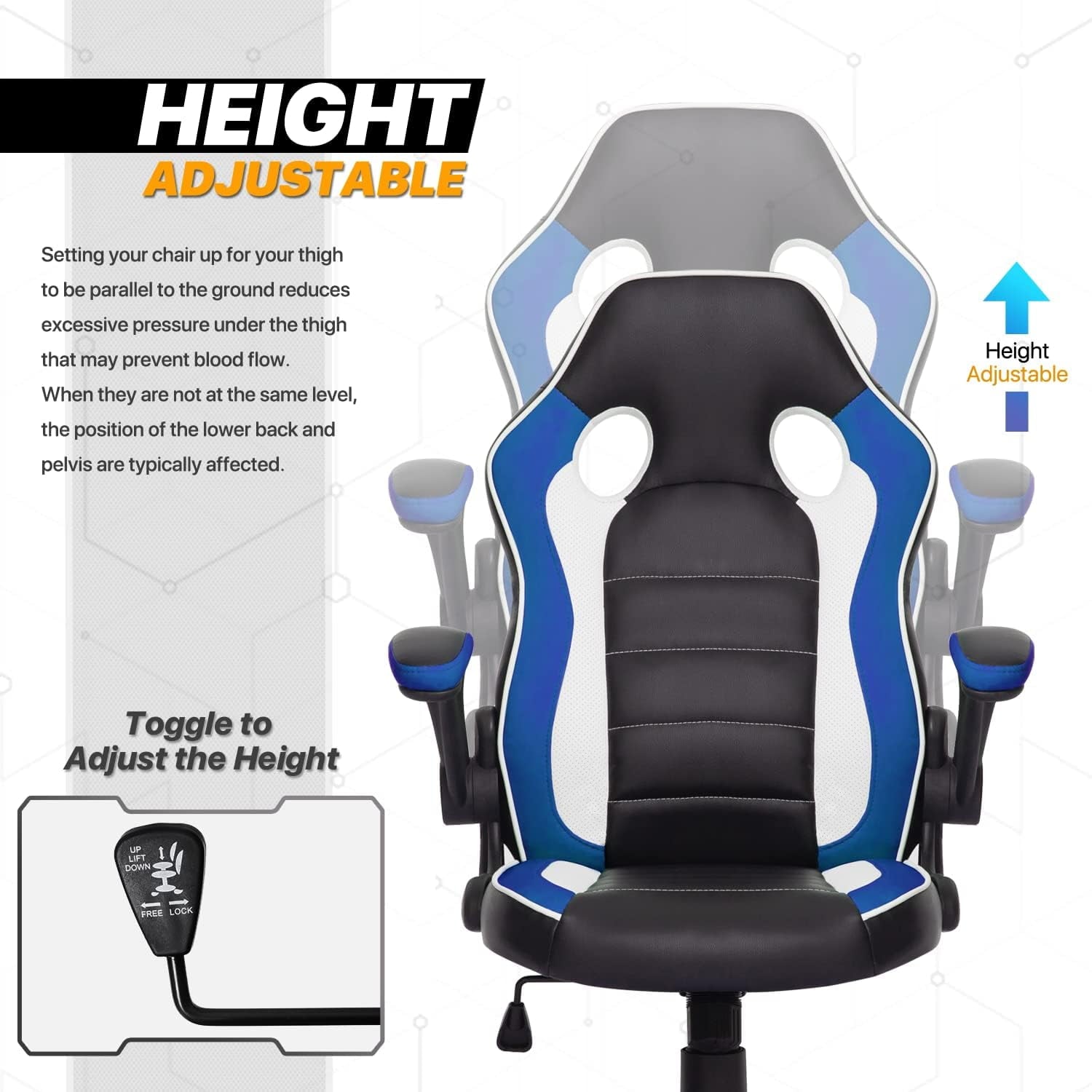 QSHIMY Computer Gaming Chairs Ergonomic Video Game Chair with Padded Flip-up Arms for Men Women Adults Gamer, Blue
