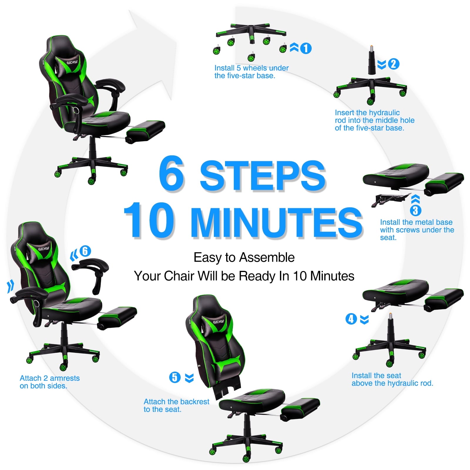 PULUOMIS Gaming Chair with Footrest Ergonomic Office Chair with Arms for Adults Kids, Green
