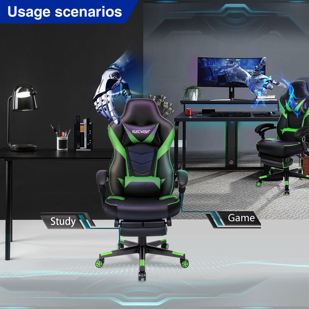 PULUOMIS Gaming Chair with Footrest Ergonomic Office Chair with Arms for Adults Kids, Green