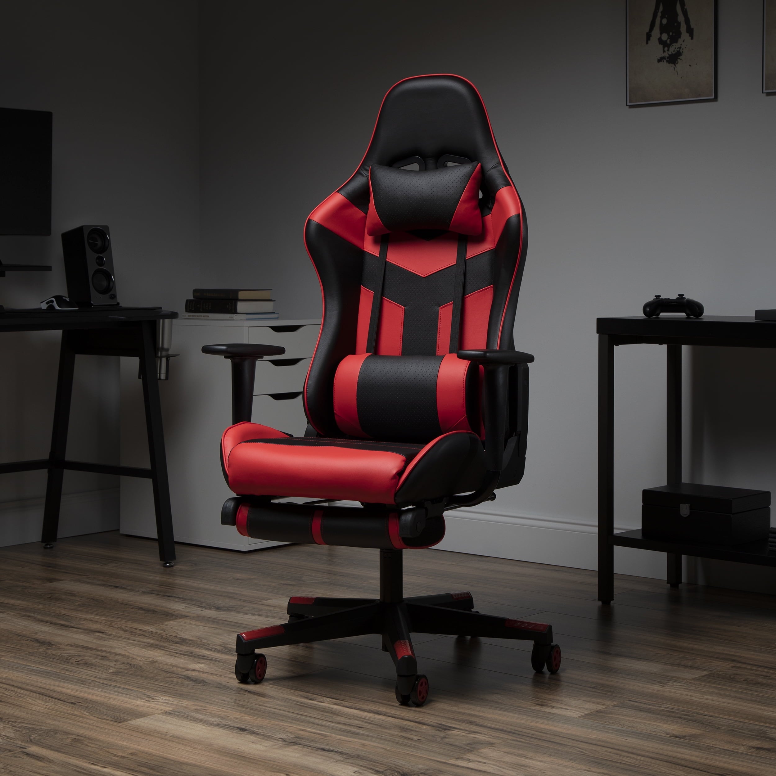 OFM Essentials Collection High Back PU Leather Gaming Chair, with Extendable Footrest, in Red (ESS-6075FR-RED)