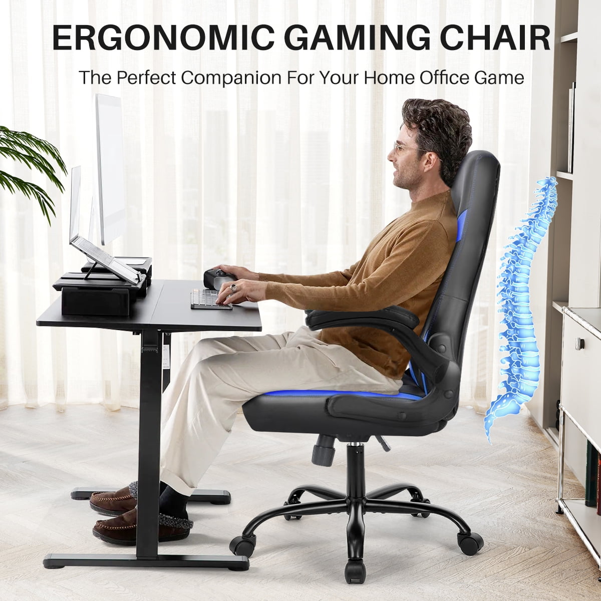 Bigleap Gaming Chair, Ergonomic Office Leather Racing Chair with Flip-up Armrest, Black Blue
