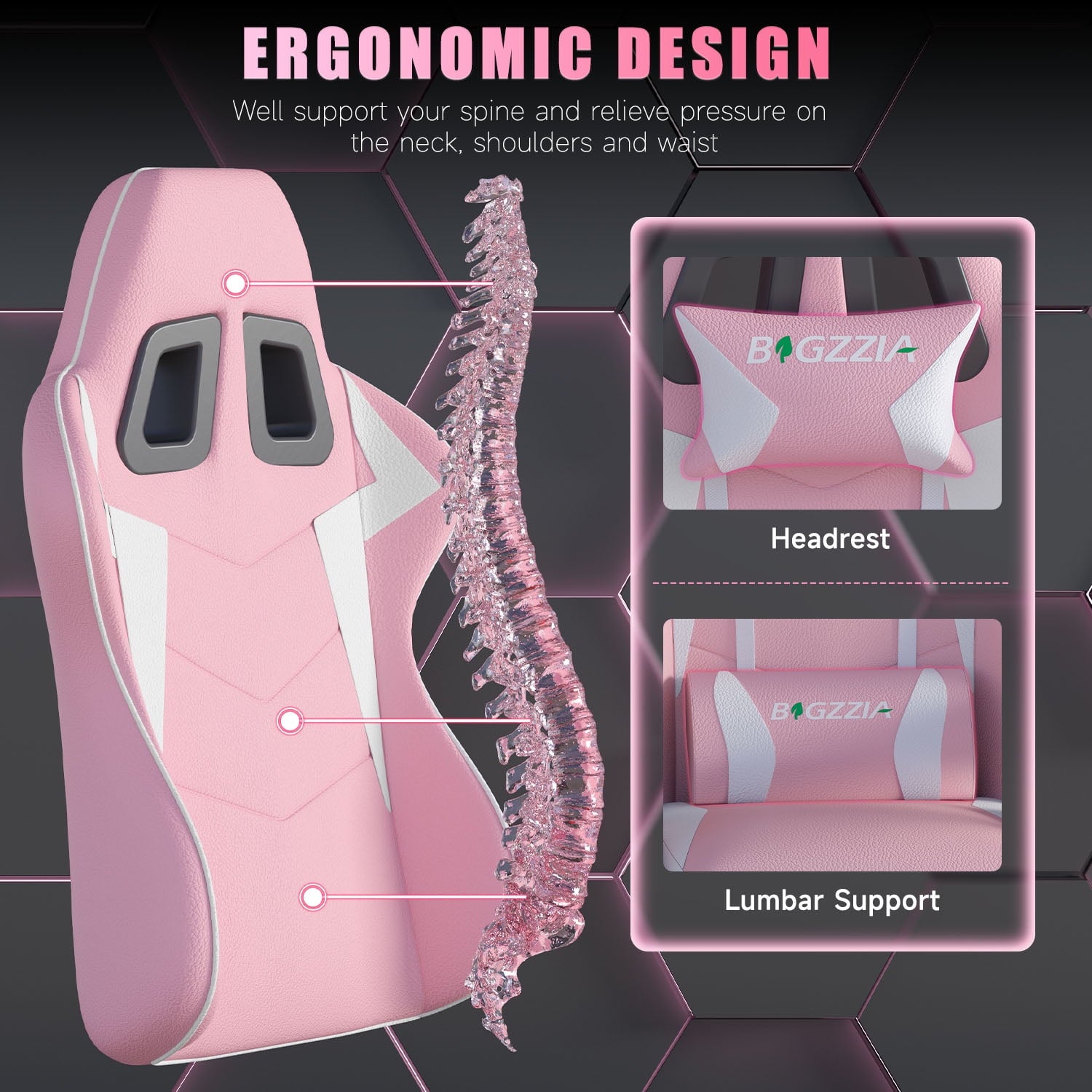 Bigzzia High-Back Gaming Chair Computer Racing Chair with Headrest and Lumbar Support for Back Pain, Pink