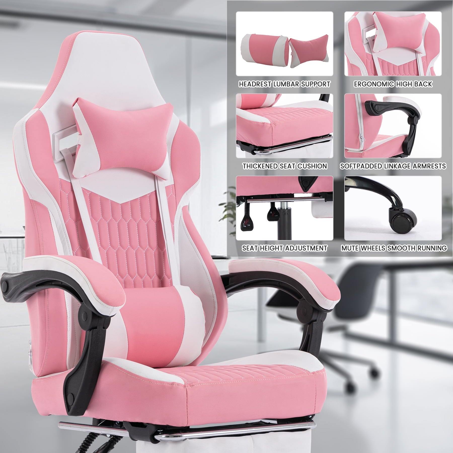 Bananova Ergonomic Gaming Chair High Back Office Chair with Lumbar Support and Adjustable Armrests Swivel Racing Chair, Pink