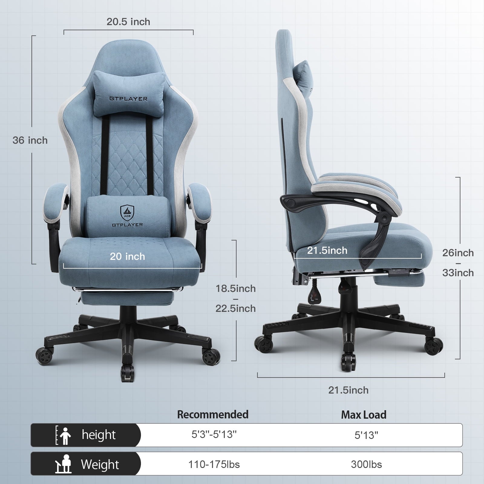 GTPLAYER Ergonomic Pocket Spring Cushion Gaming Chair with Footrest and Linkage Armrests, Light Blue