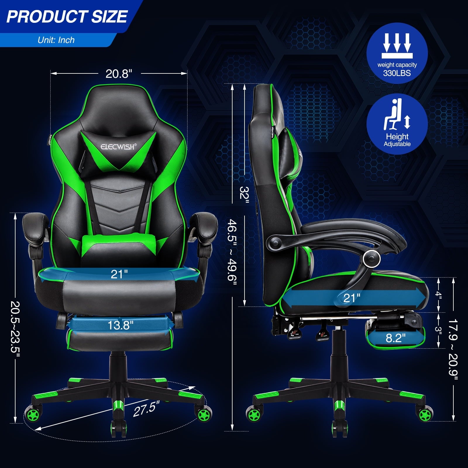 PULUOMIS Gaming Chair with Footrest Ergonomic Office Chair with Arms for Adults Kids, Green