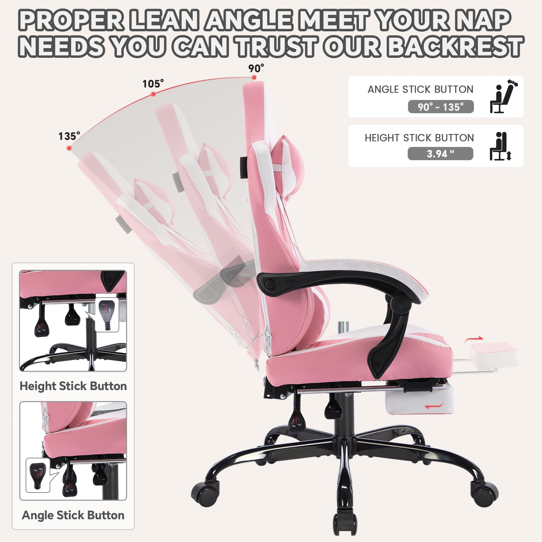 Bananova Ergonomic Gaming Chair High Back Office Chair with Lumbar Support and Adjustable Armrests Swivel Racing Chair, Pink