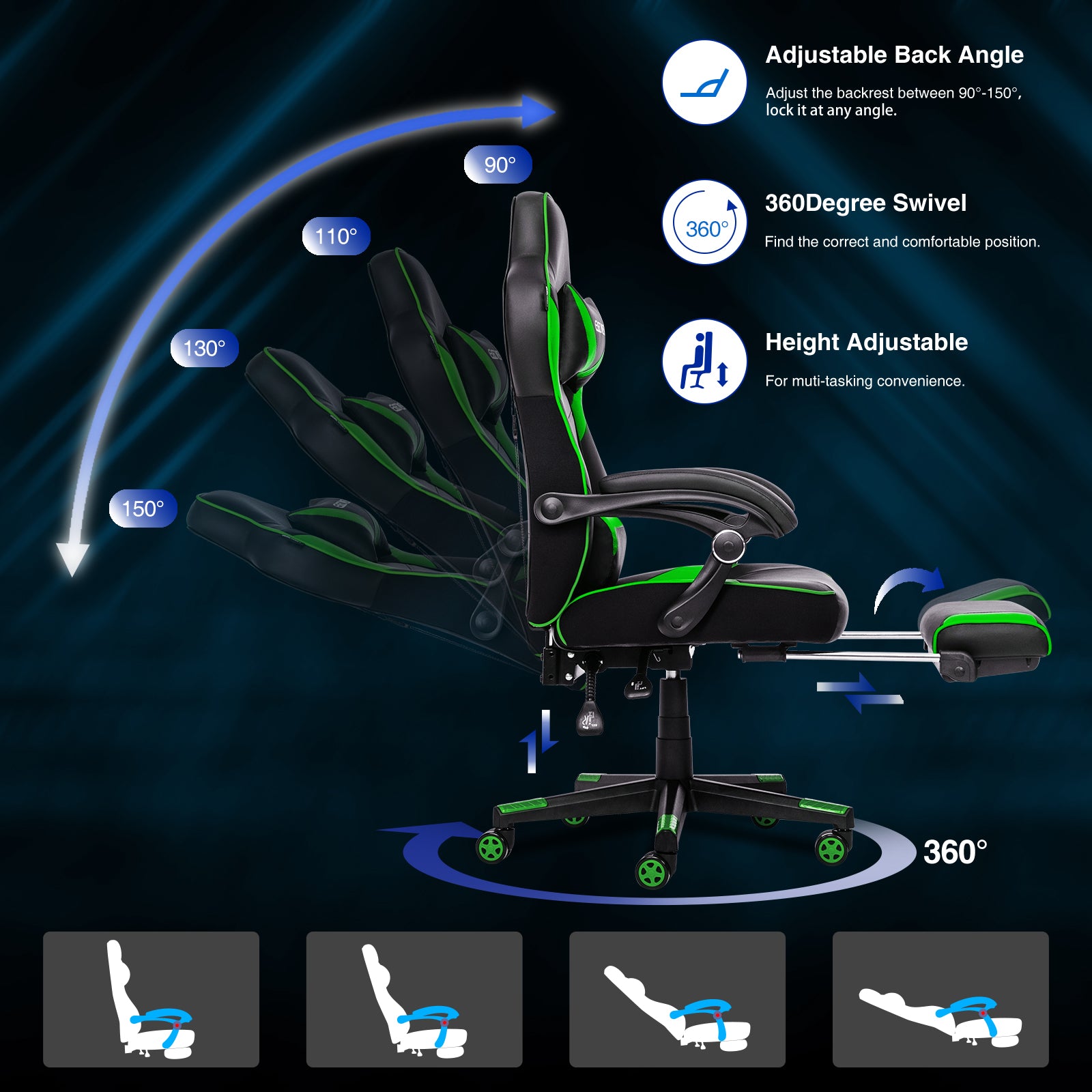 PULUOMIS Gaming Chair with Footrest Ergonomic Office Chair with Arms for Adults Kids, Green