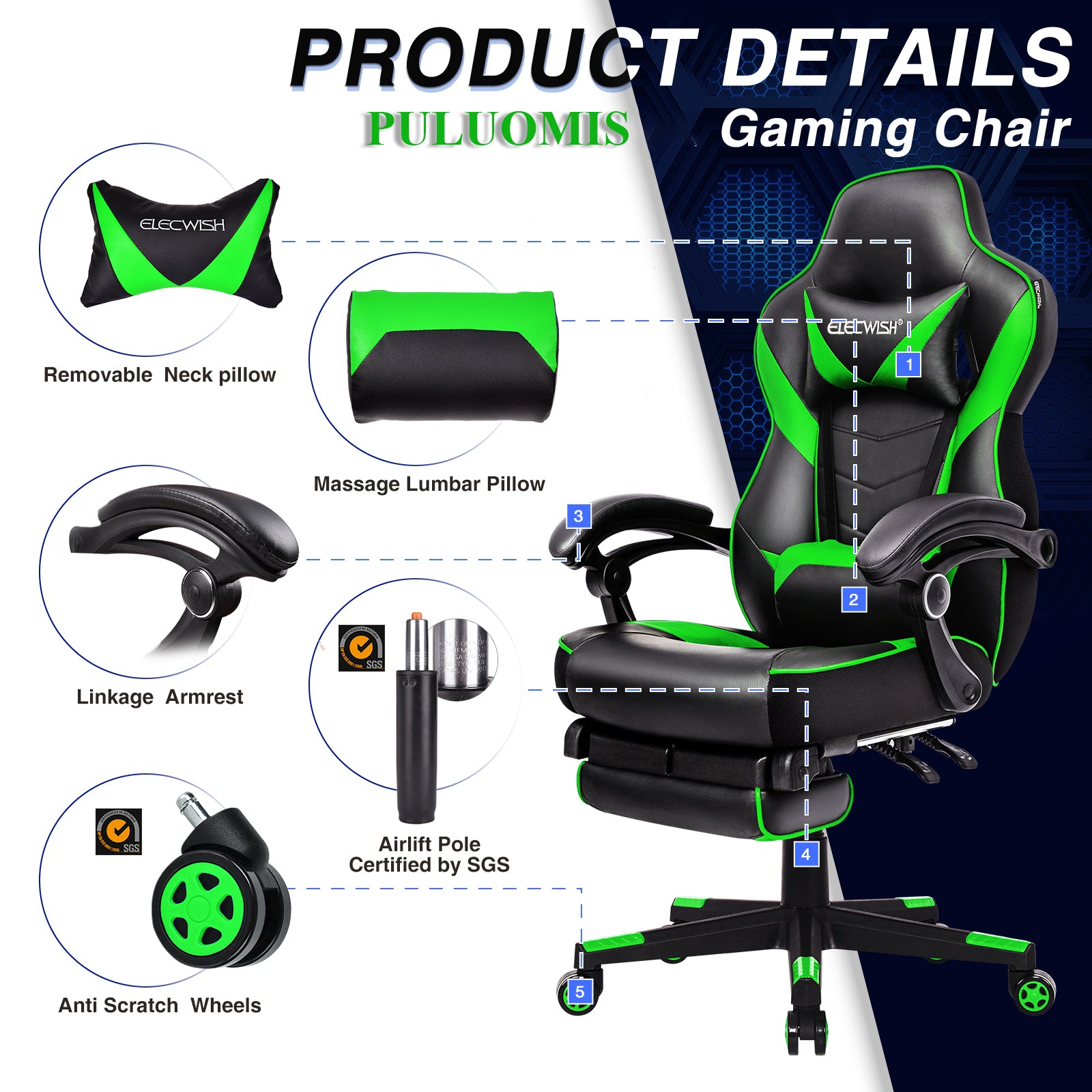 PULUOMIS Gaming Chair with Footrest Ergonomic Office Chair with Arms for Adults Kids, Green