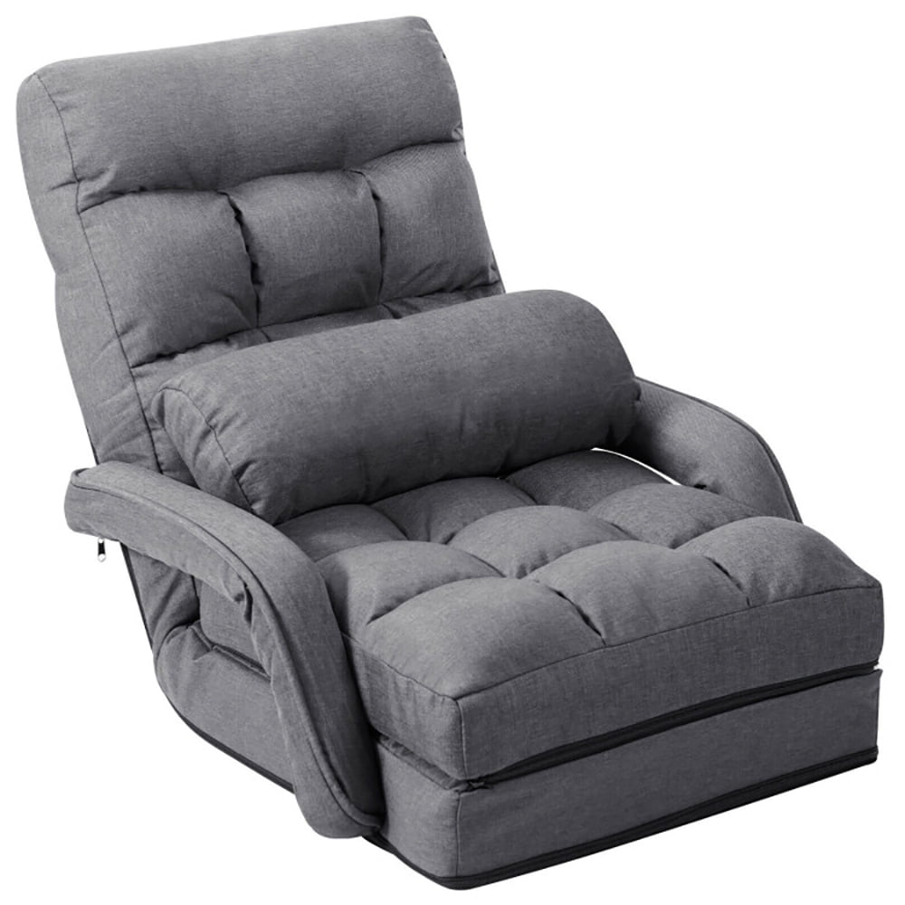 Spaco Folding Lazy Floor Chair Sofa with Armrests and Pillow-Gray, Folding Gaming Chair for Living Room Bedroom