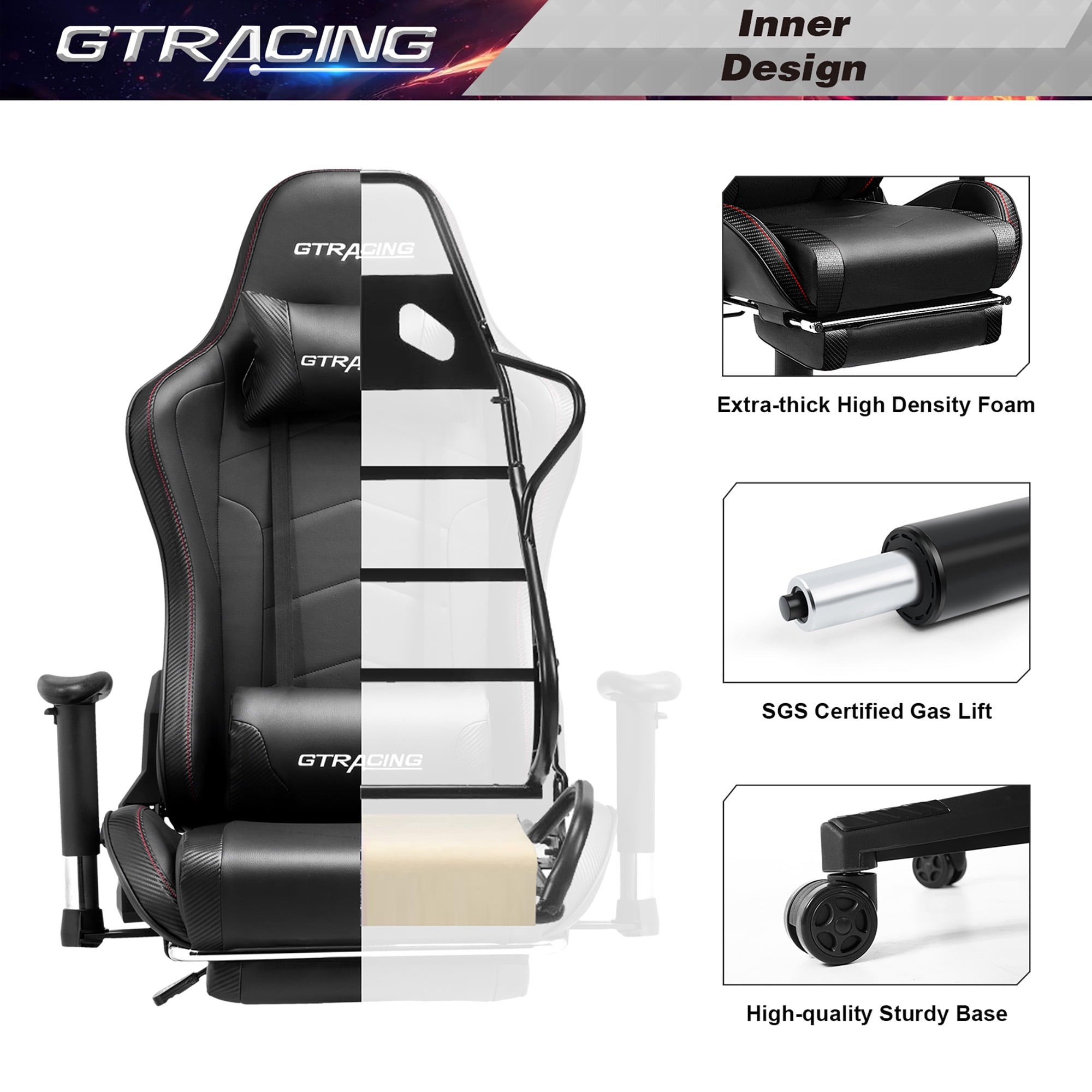 LUCKLIFE Gaming Chair with Speakers Bluetooth and Footrest in Home Office Chair, Black