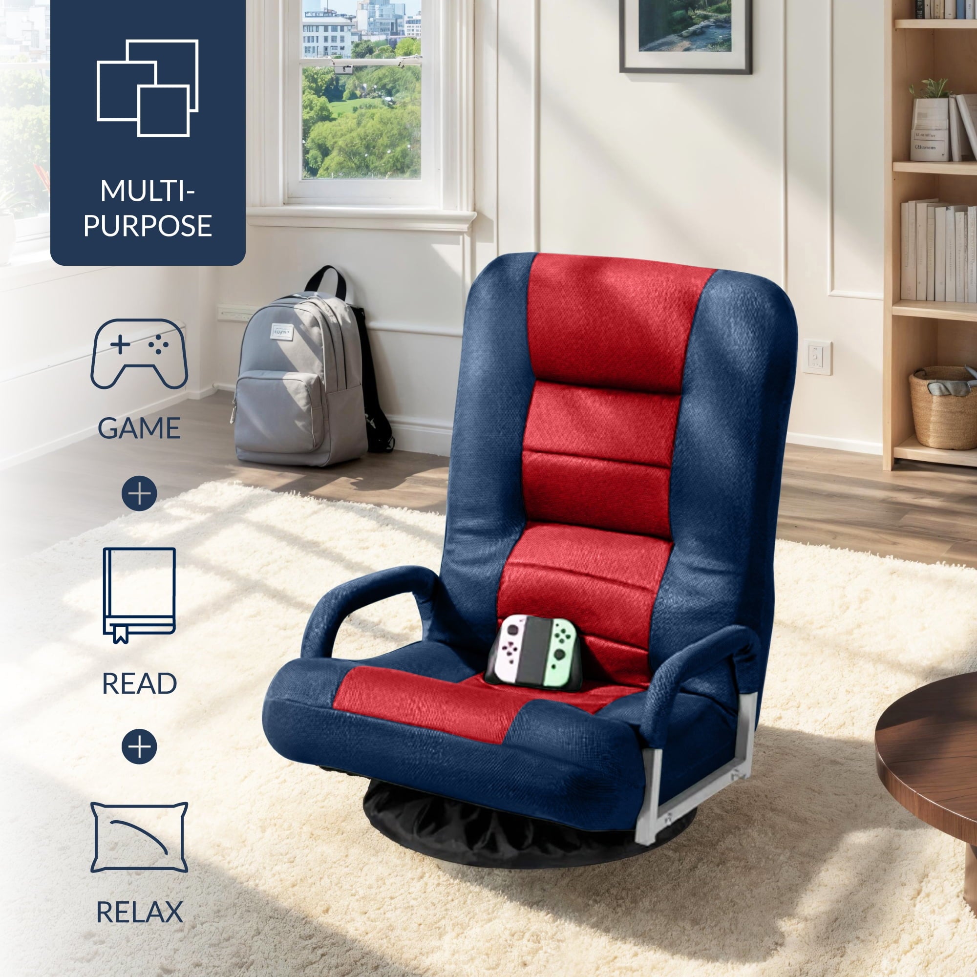 Best Choice Products 360-Degree Swivel Gaming Floor Chair w/ Armrest Handles, Foldable Adjustable Backrest - Blue/Red
