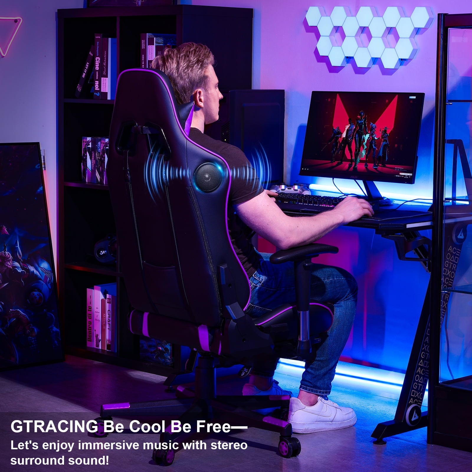 GTRACING Gaming Chair with Bluetooth Speakers High Back Office PU Chair, Purple