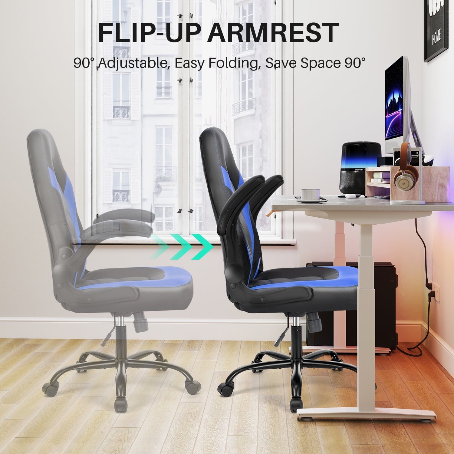 Bigleap Gaming Chair, Ergonomic Office Leather Racing Chair with Flip-up Armrest, Black Blue