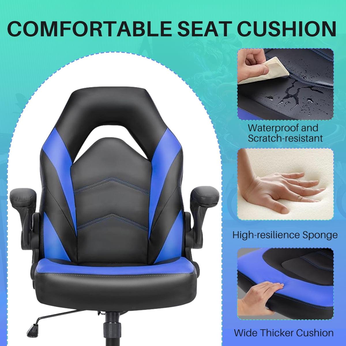 Bigleap Gaming Chair, Ergonomic Office Leather Racing Chair with Flip-up Armrest, Black Blue