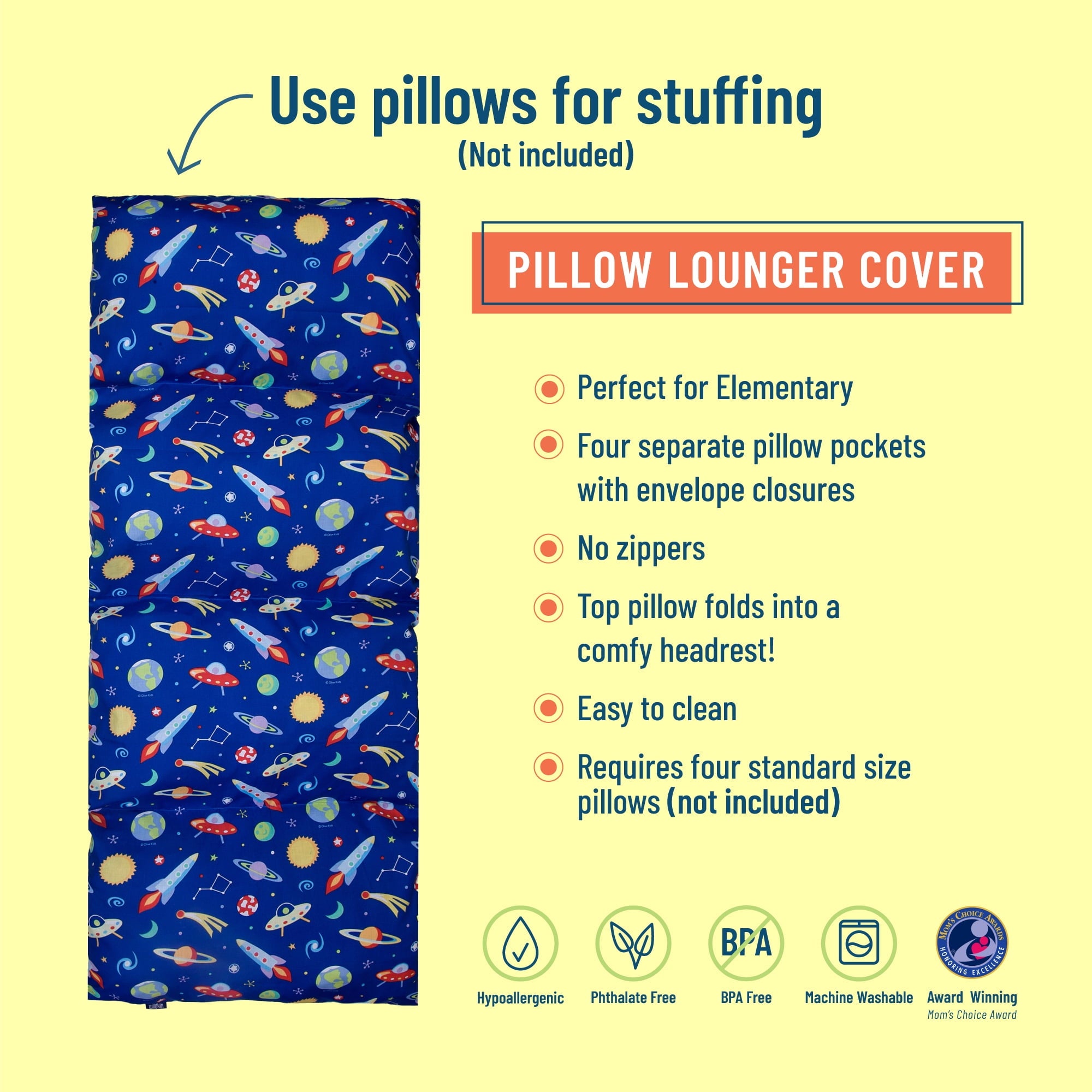 Wildkin Kids Floor Lounger for Boys and Girls, Cotton Polyester Materials Features Separate pillow pockets with envelope closure (Out of This World)