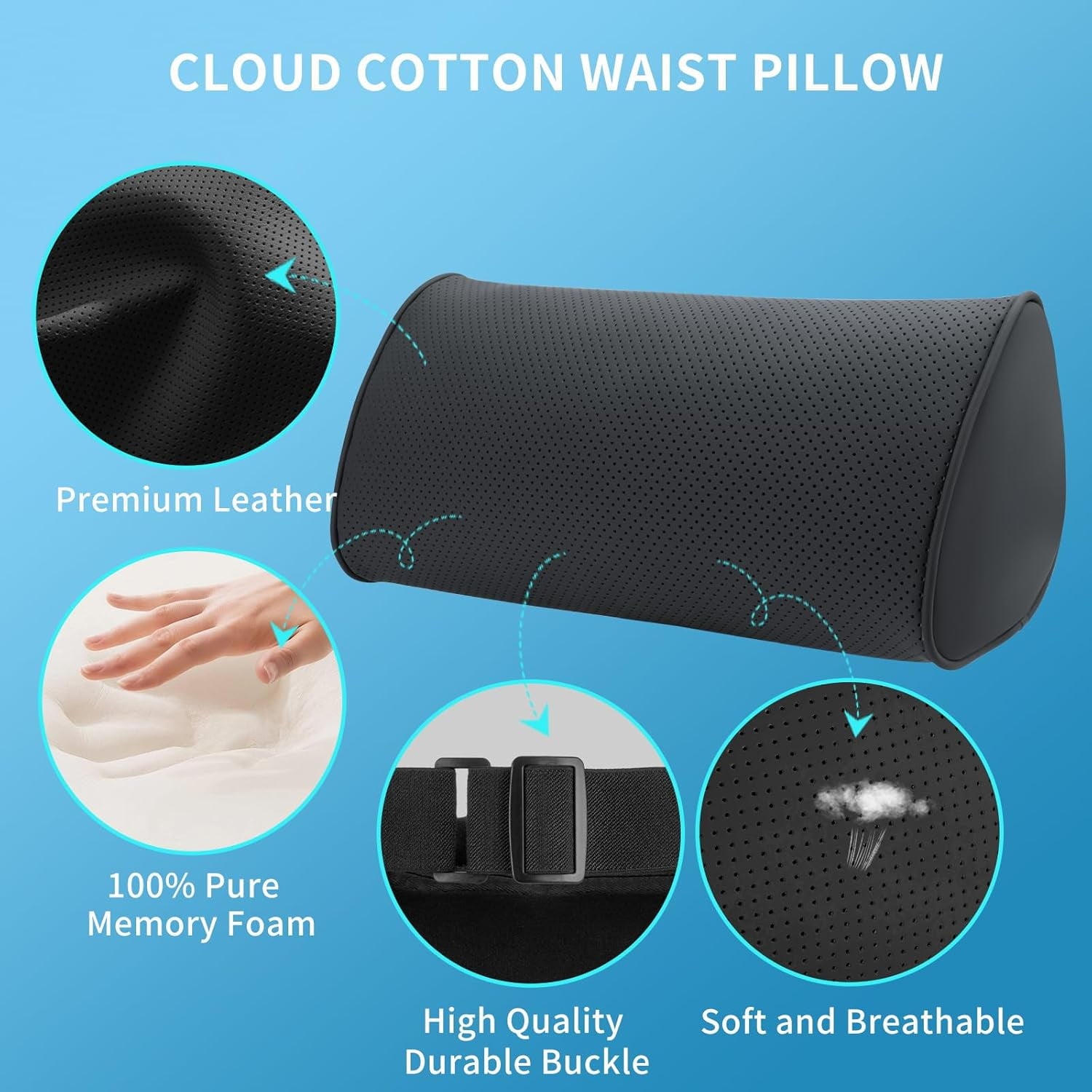 Lumbar Support Pillow for Car Seat and Office Chair, Gaming Chair, Ergonomic Memory Foam Back Cushion Lower Back Pain Relief, Luxury Leather Back Support Pillow, Gray