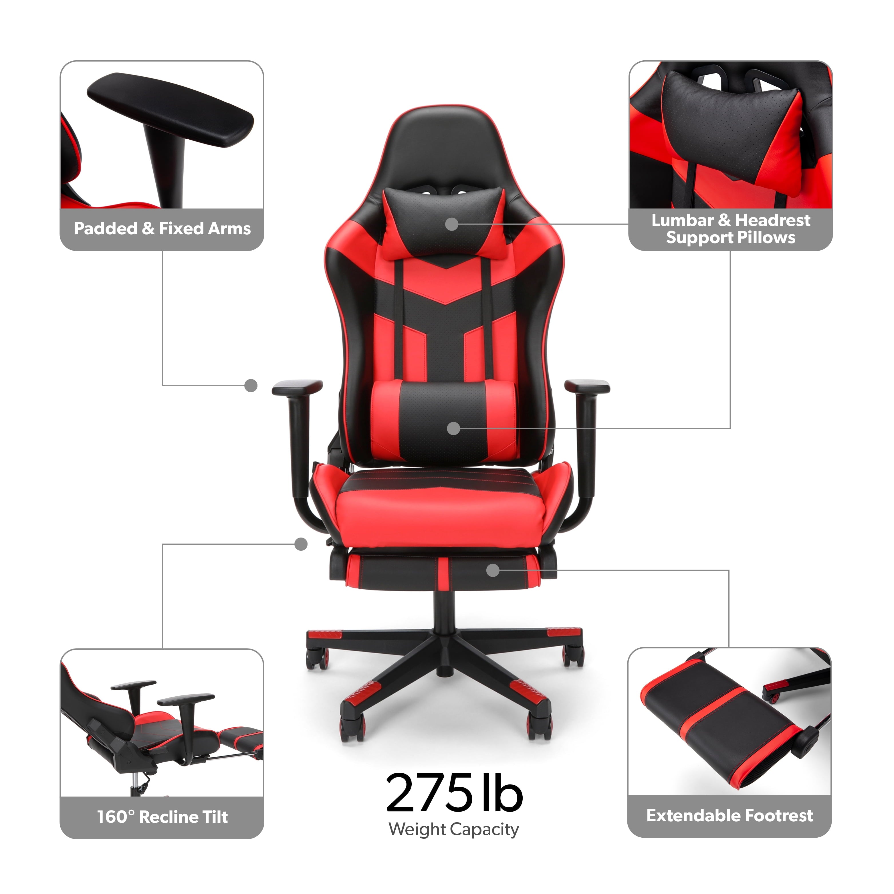 OFM Essentials Collection High Back PU Leather Gaming Chair, with Extendable Footrest, in Red (ESS-6075FR-RED)