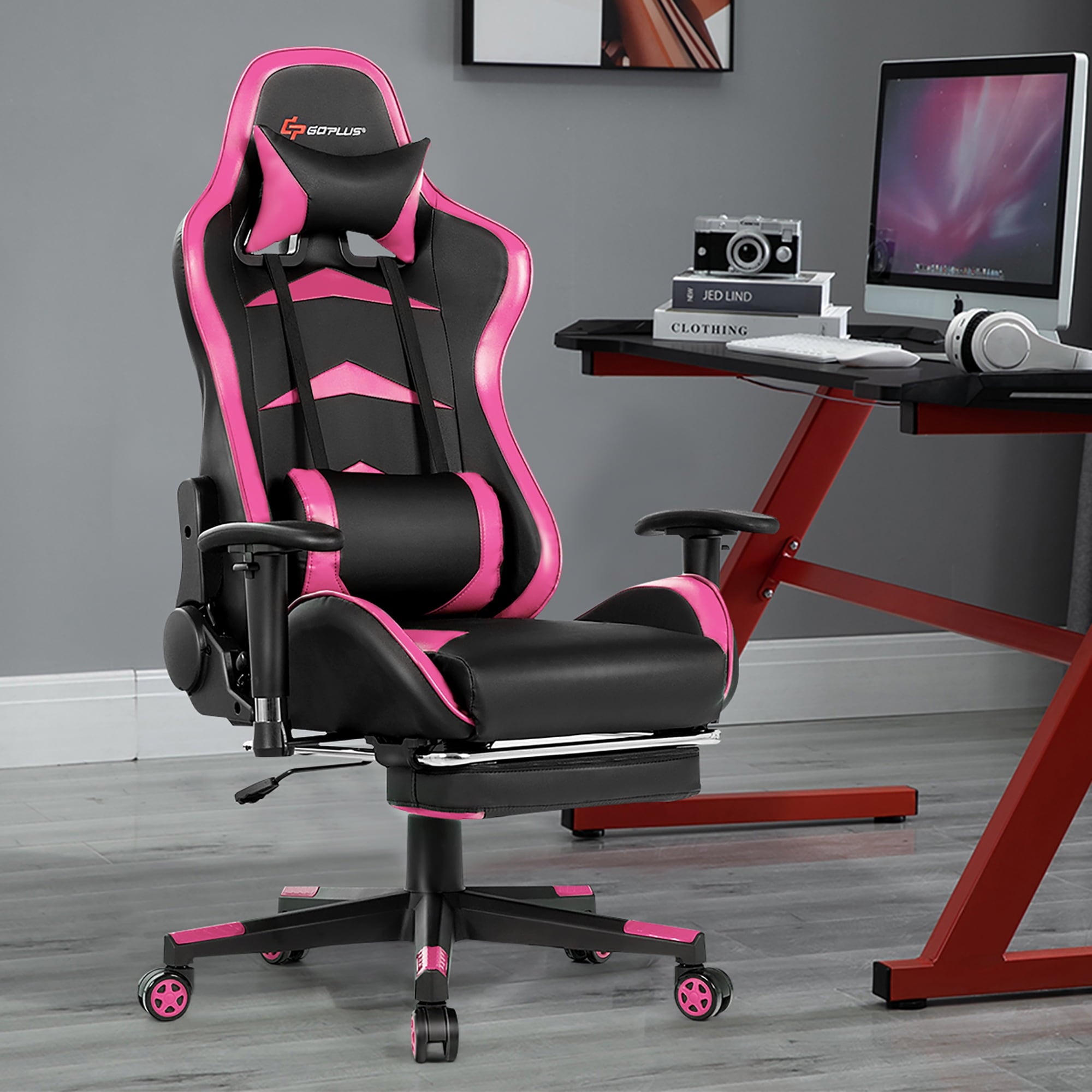 Goplus Office Massage Gaming Chair Reclining Swivel Racing with Footrest  Pink