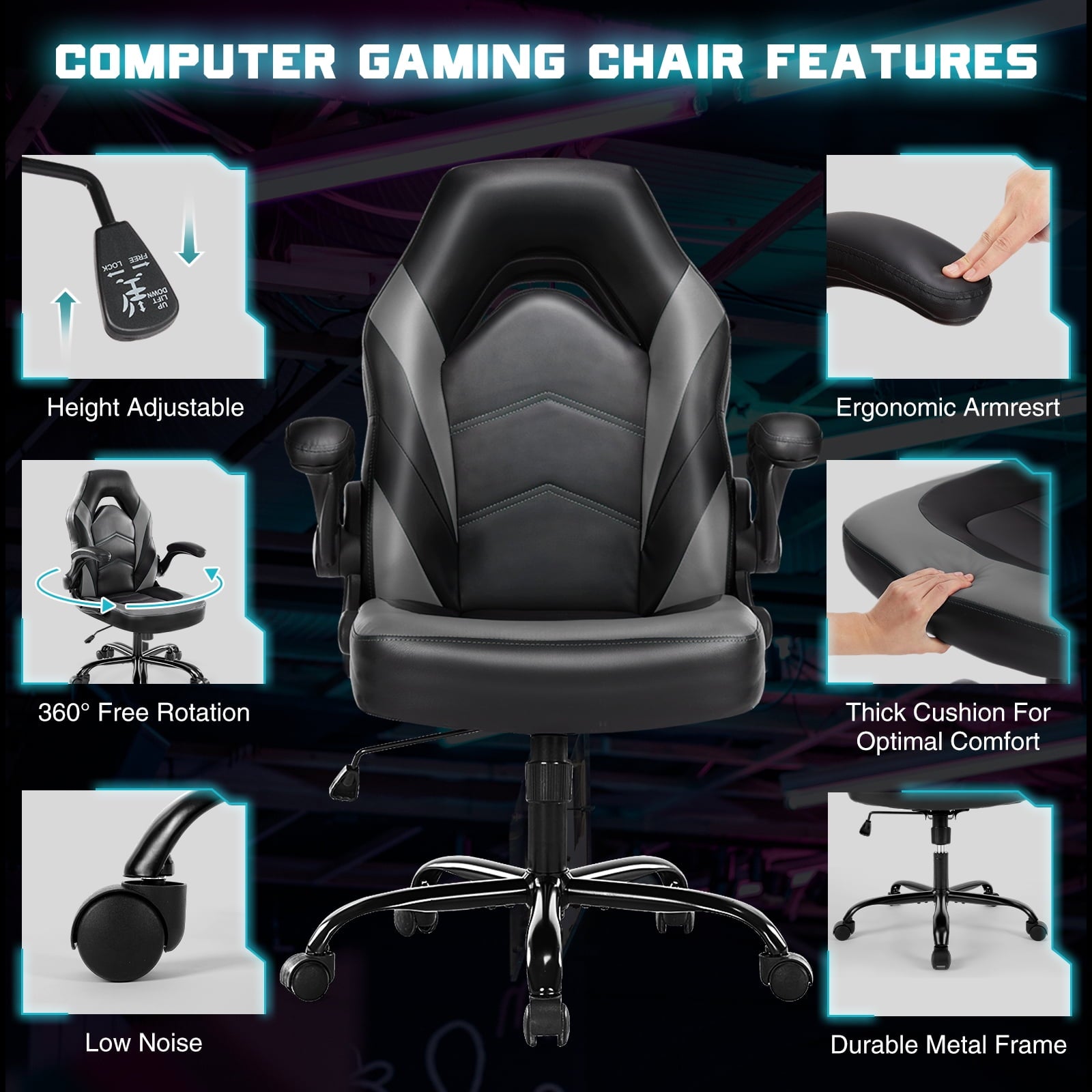 CONCETTA Gaming Chair, Faux Leather High-Back Gaming Office Chair, Swivel Racing Chair with Flip-up Armrests, Perfect for Adults Gamers, Gray