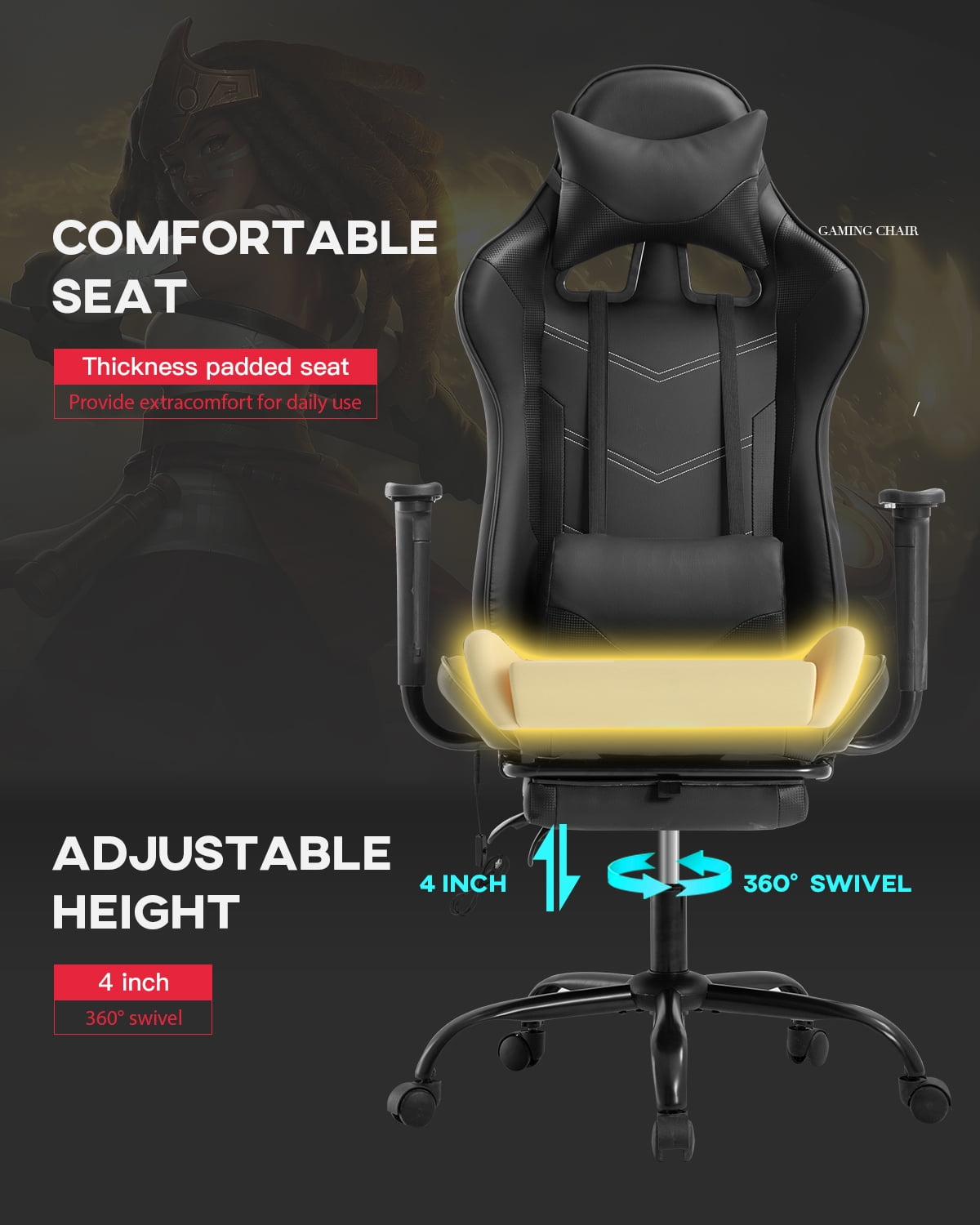 CL.HPAHKL Video Gaming Chair with Footrest & Massage Lumbar Support, Ergonomic Computer Chair Reclining High Back Gamer Chair PC Office Chair for Adults Women Men, Black