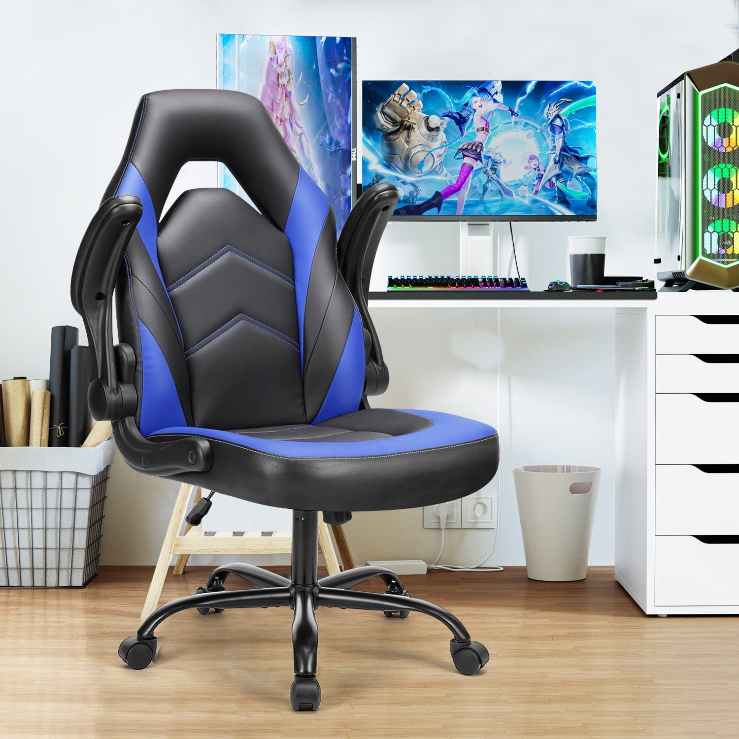 Bigleap Gaming Chair, Ergonomic Office Leather Racing Chair with Flip-up Armrest, Black Blue