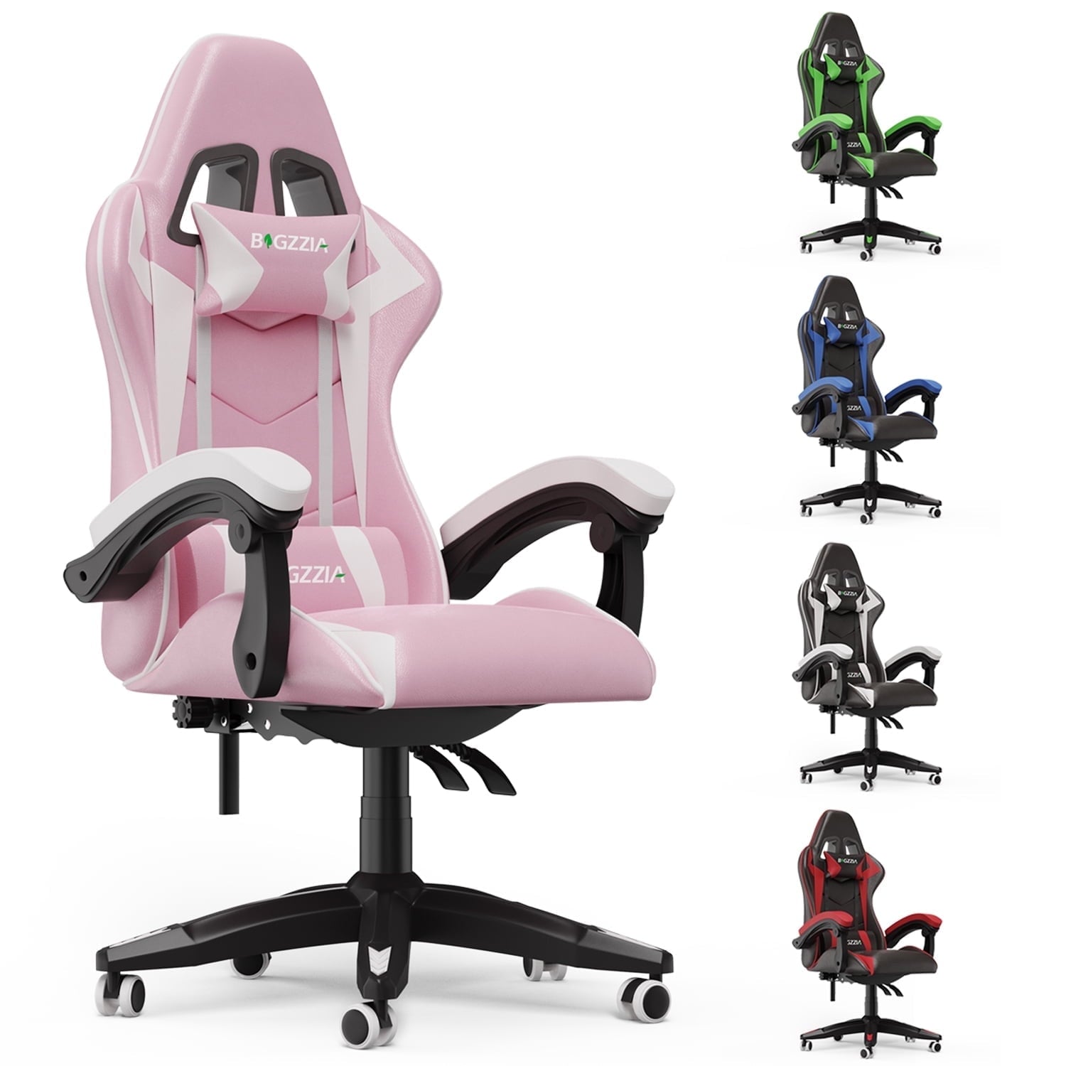 Bigzzia High-Back Gaming Chair Computer Racing Chair with Headrest and Lumbar Support for Back Pain, Pink