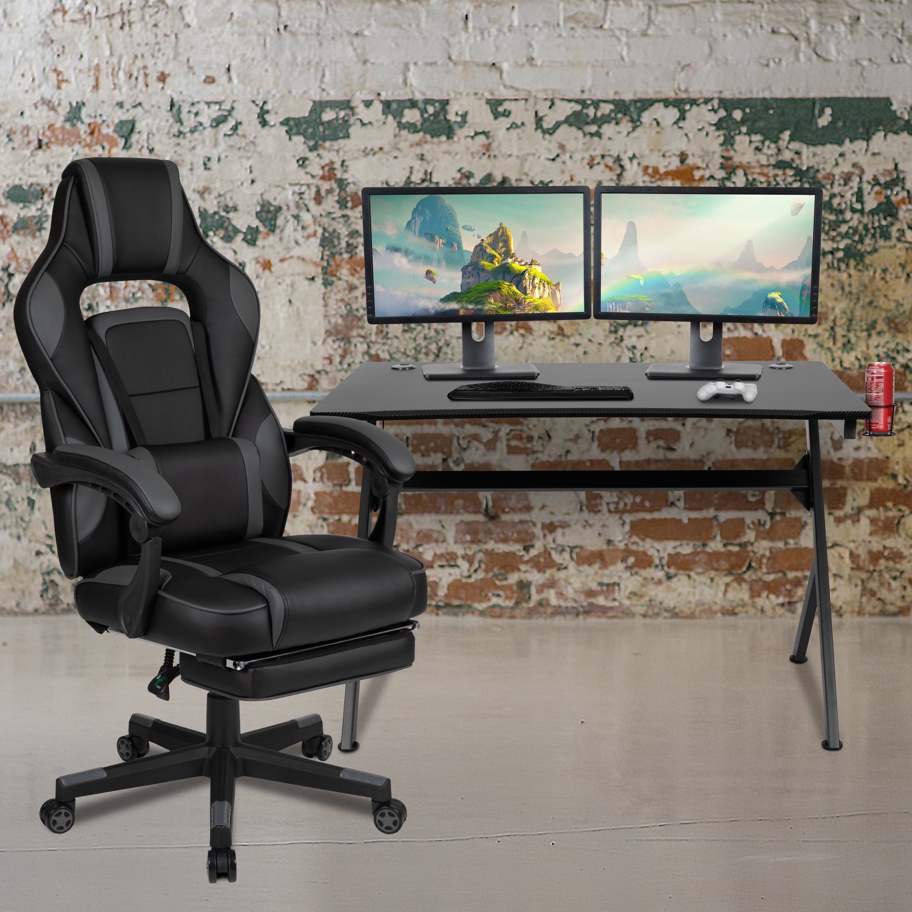 BizChair Black Gaming Desk with Cup Holder/Headphone Hook/2 Wire Management Holes & Black Reclining Back/Arms Gaming Chair with Footrest