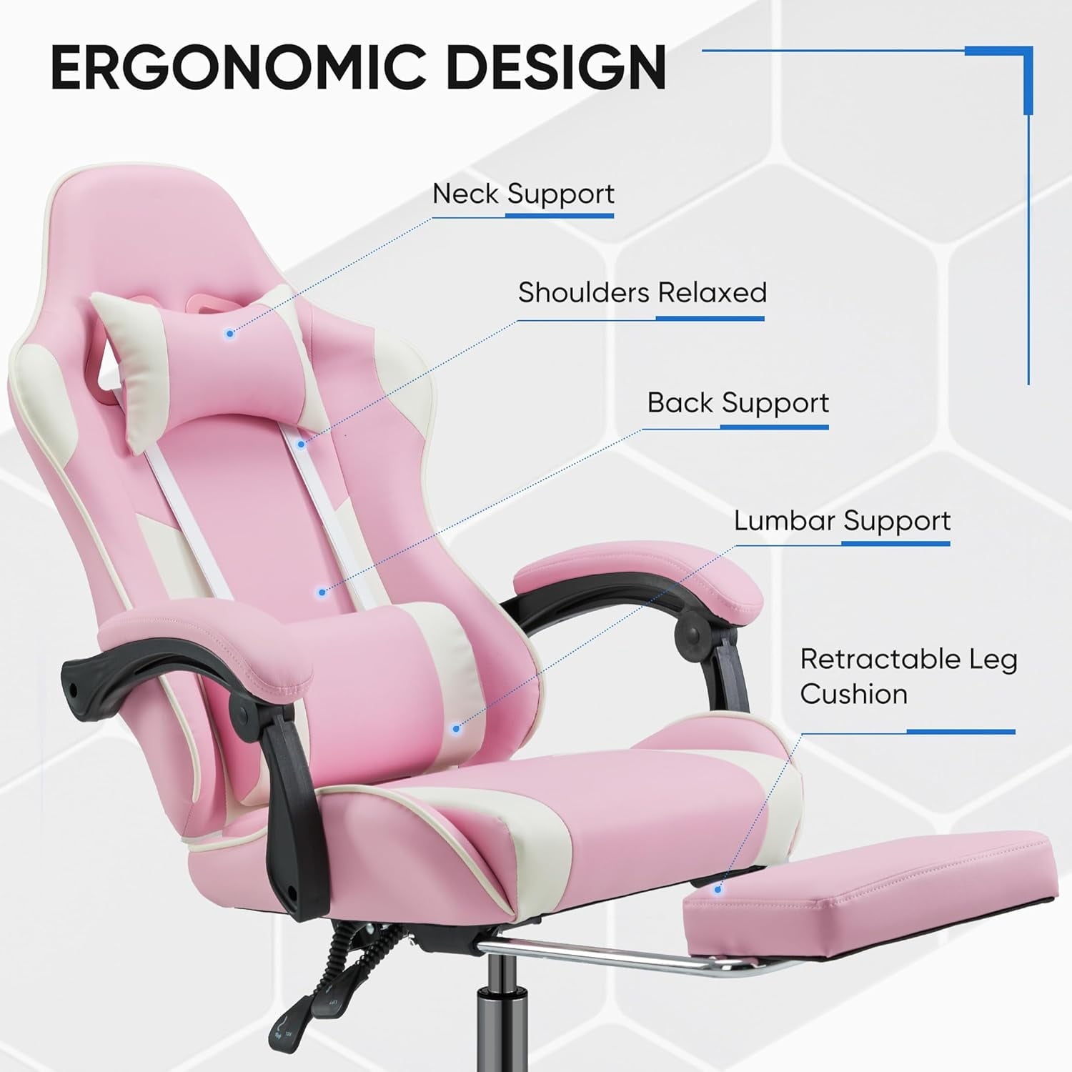 CONCETTA Gaming Chair with Footrest and Lumbar Support, Ergonomic Home Office Chair, Pink/White