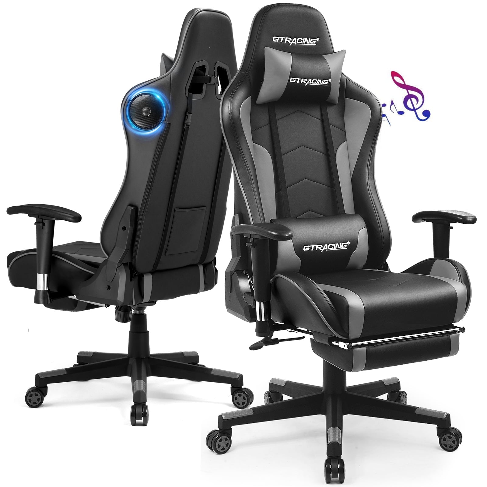 LUCKLIFE Gaming Chair with Speakers Bluetooth and Footrest in Home Office Chair, Black