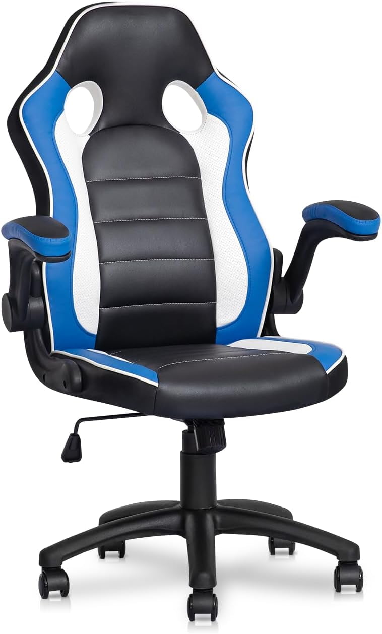 QSHIMY Computer Gaming Chairs Ergonomic Video Game Chair with Padded Flip-up Arms for Men Women Adults Gamer, Blue