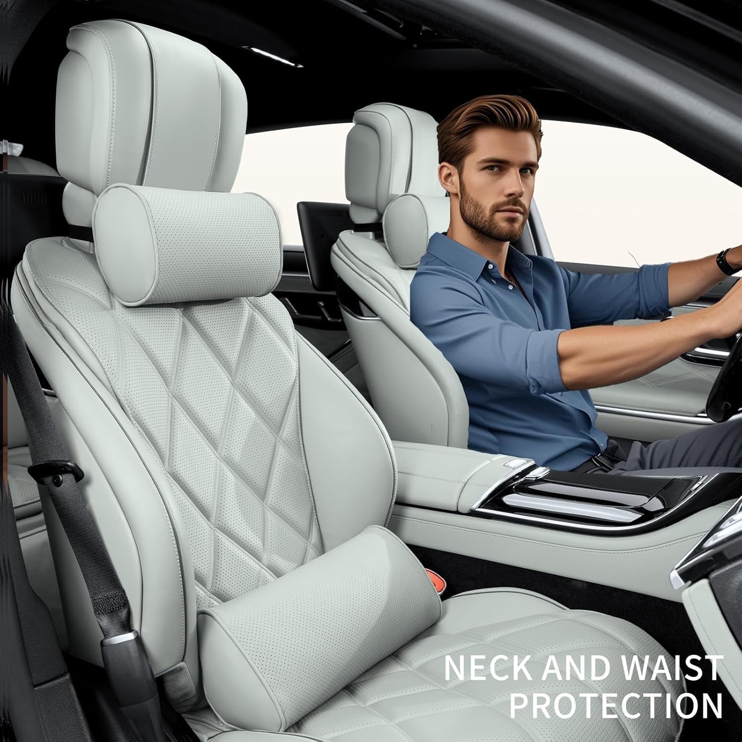 Lumbar Support Pillow for Car Seat and Office Chair, Gaming Chair, Ergonomic Memory Foam Back Cushion Lower Back Pain Relief, Luxury Leather Back Support Pillow, Gray