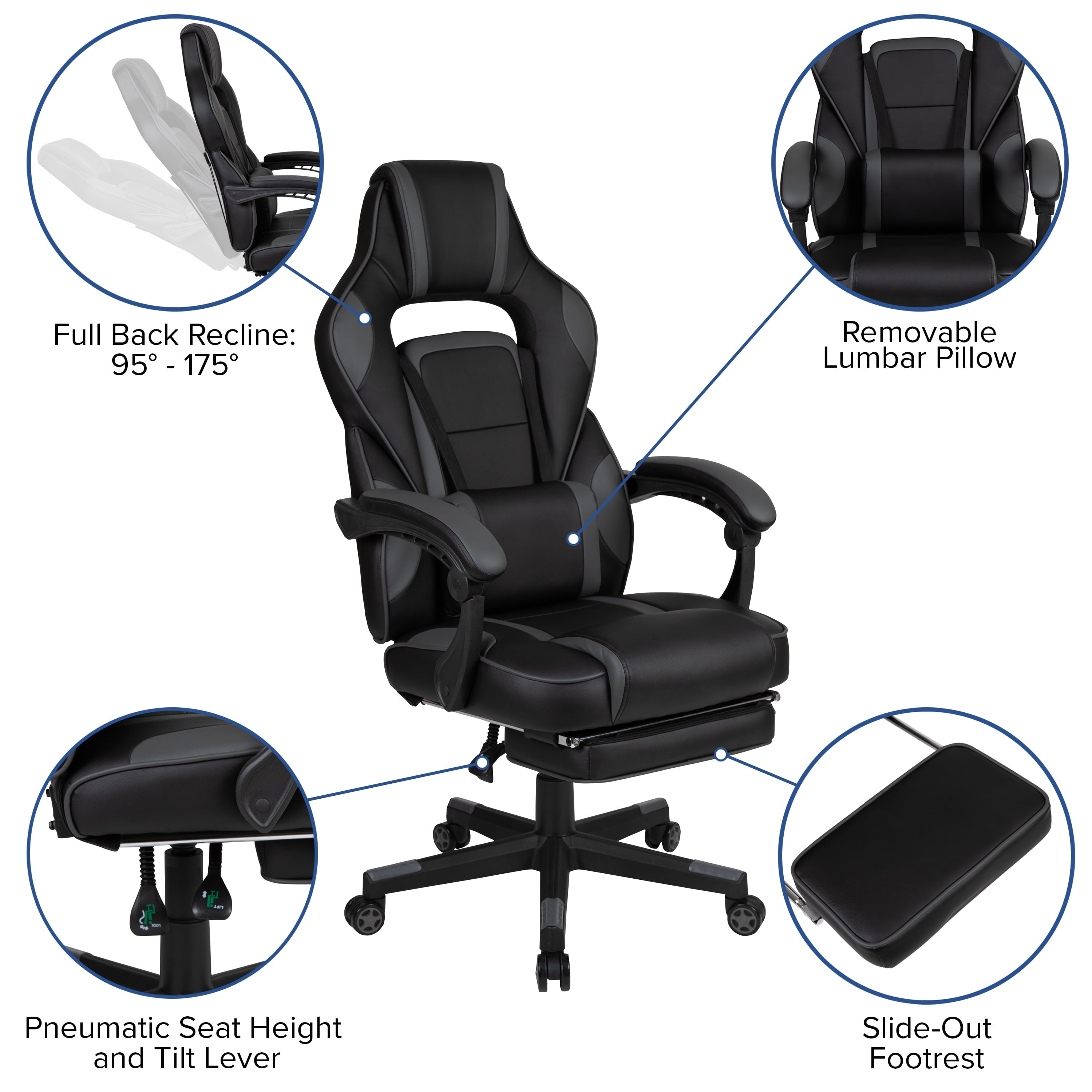BizChair Black Gaming Desk with Cup Holder/Headphone Hook/2 Wire Management Holes & Black Reclining Back/Arms Gaming Chair with Footrest