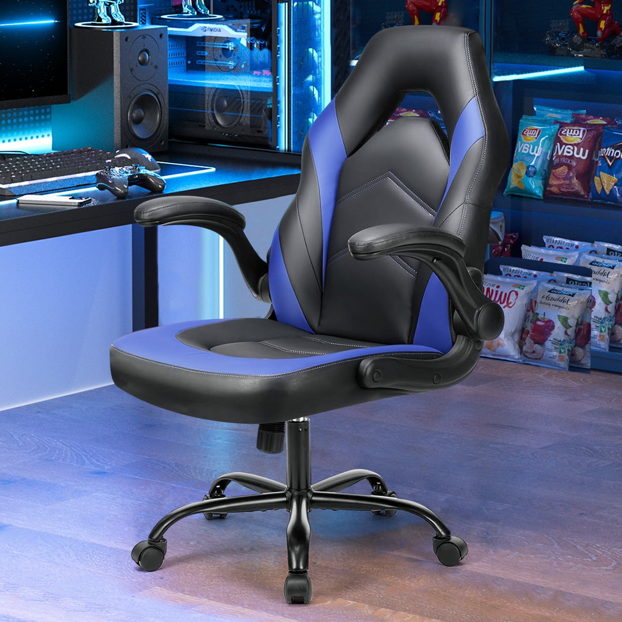 Bigleap Gaming Chair, Ergonomic Office Leather Racing Chair with Flip-up Armrest, Black Blue