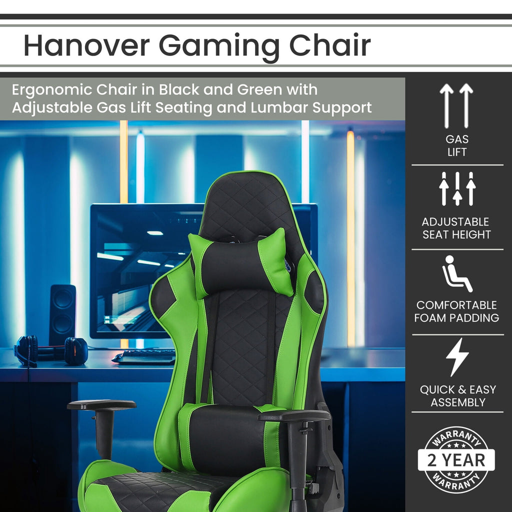 Hanover Commando Green & Black Ergonomic Racer Gaming Chair | Height Adjustable Gas Lift | Tilt Recline | High Quality Padding | HGC0115