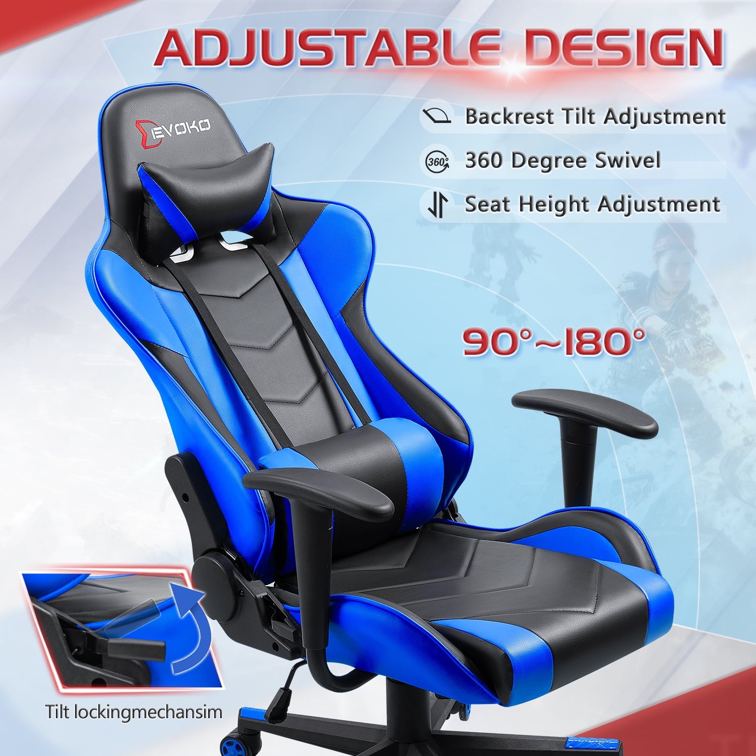 Devoko Gaming Chair High Back Office Chair Racing Style Adjustable Height PC Computer Chair PU Leather, Blue