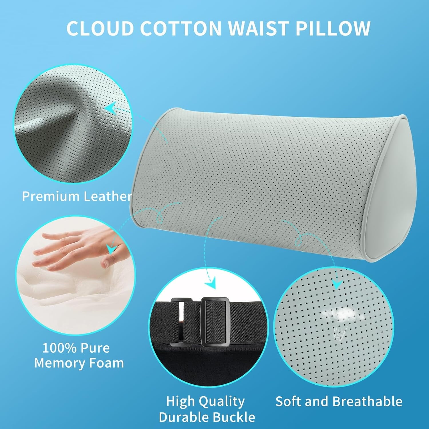 Lumbar Support Pillow for Car Seat and Office Chair, Gaming Chair, Ergonomic Memory Foam Back Cushion Lower Back Pain Relief, Luxury Leather Back Support Pillow, Gray