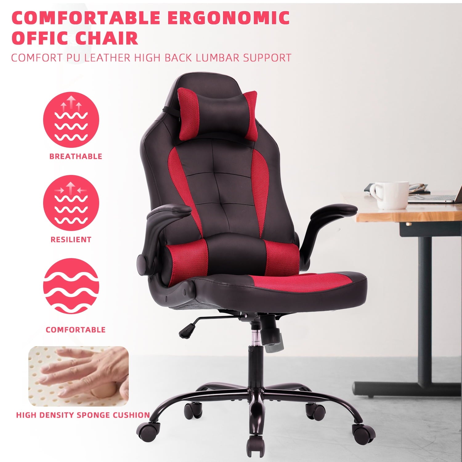 CL.HPAHKL High Back Gaming Chair, Ergonomic Racing Office Style Gaming Chair, 360° Rotating Computer Chair with Headrest, Suitable for Adult Unisex Office Chair (RED)