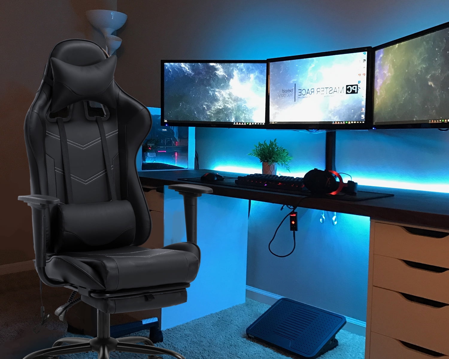 CL.HPAHKL Video Gaming Chair with Footrest & Massage Lumbar Support, Ergonomic Computer Chair Reclining High Back Gamer Chair PC Office Chair for Adults Women Men, Black