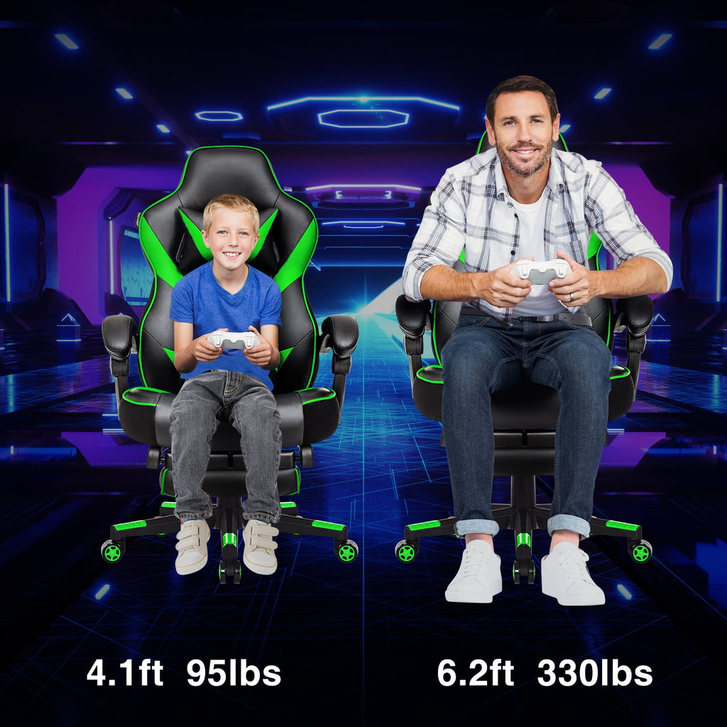 PULUOMIS Gaming Chair with Footrest Ergonomic Office Chair with Arms for Adults Kids, Green